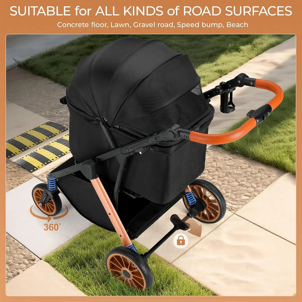 Foldable Pet Stroller with Carrier Sun Shade and Shock Absorbers