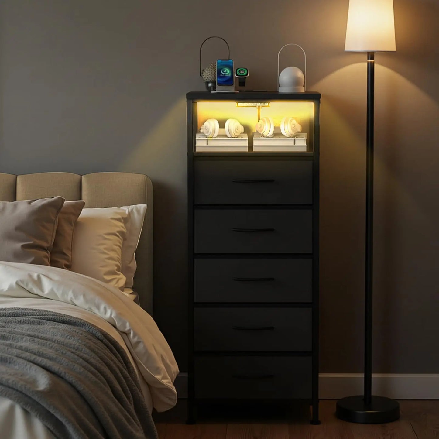 JHK Five Drawer Dresser Nightstand With Charging Station And Outlets