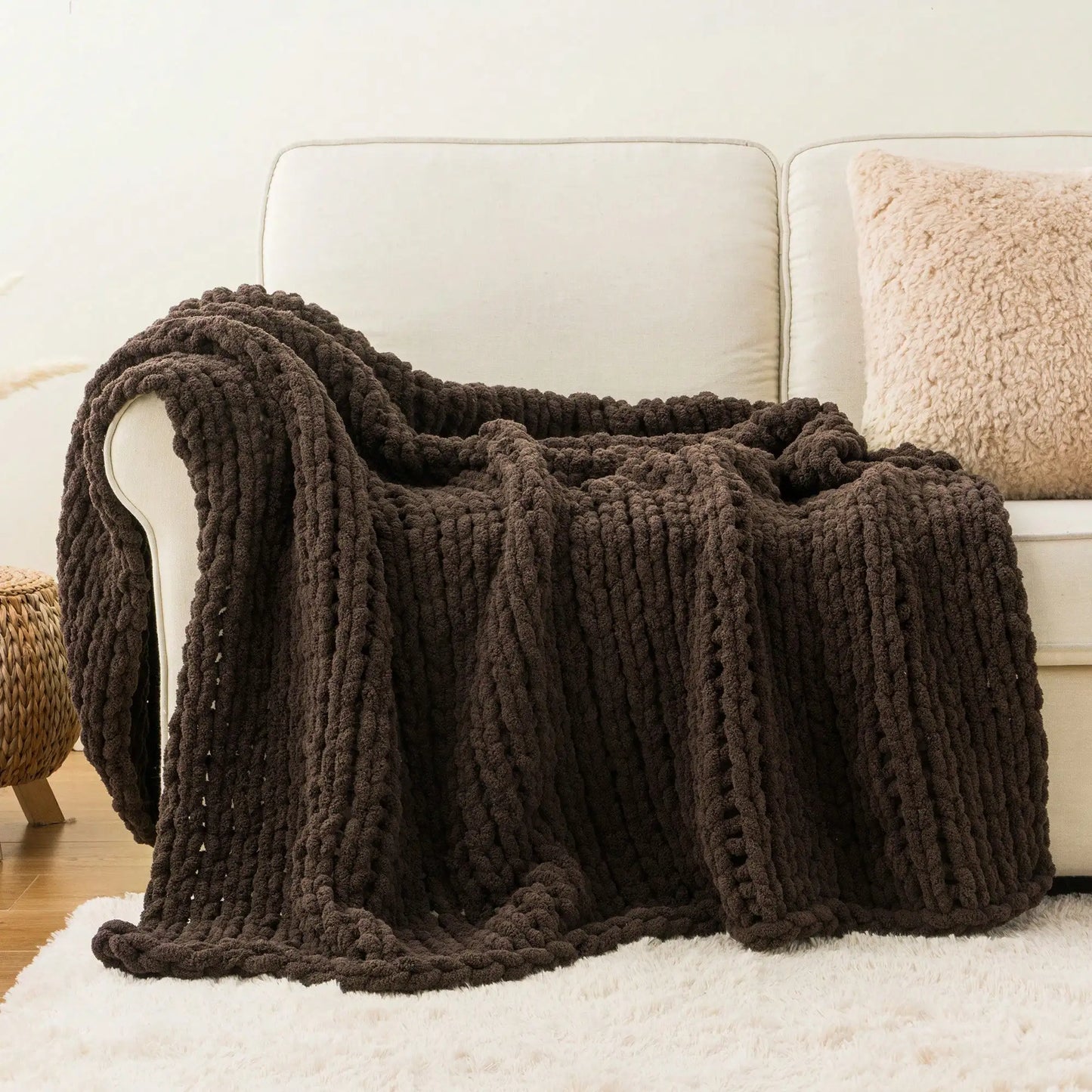 Cream Chunky Knit Throw Blanket For Couch,Handmade Cable Knit Crochet Blanket,Chenille Throw Blankets For Sofa Bed Home Decor,50