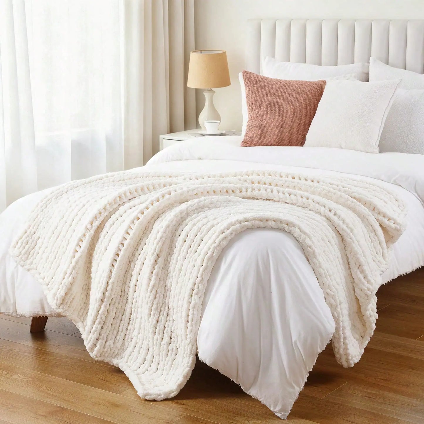 Cream Chunky Knit Throw Blanket For Couch,Handmade Cable Knit Crochet Blanket,Chenille Throw Blankets For Sofa Bed Home Decor,50