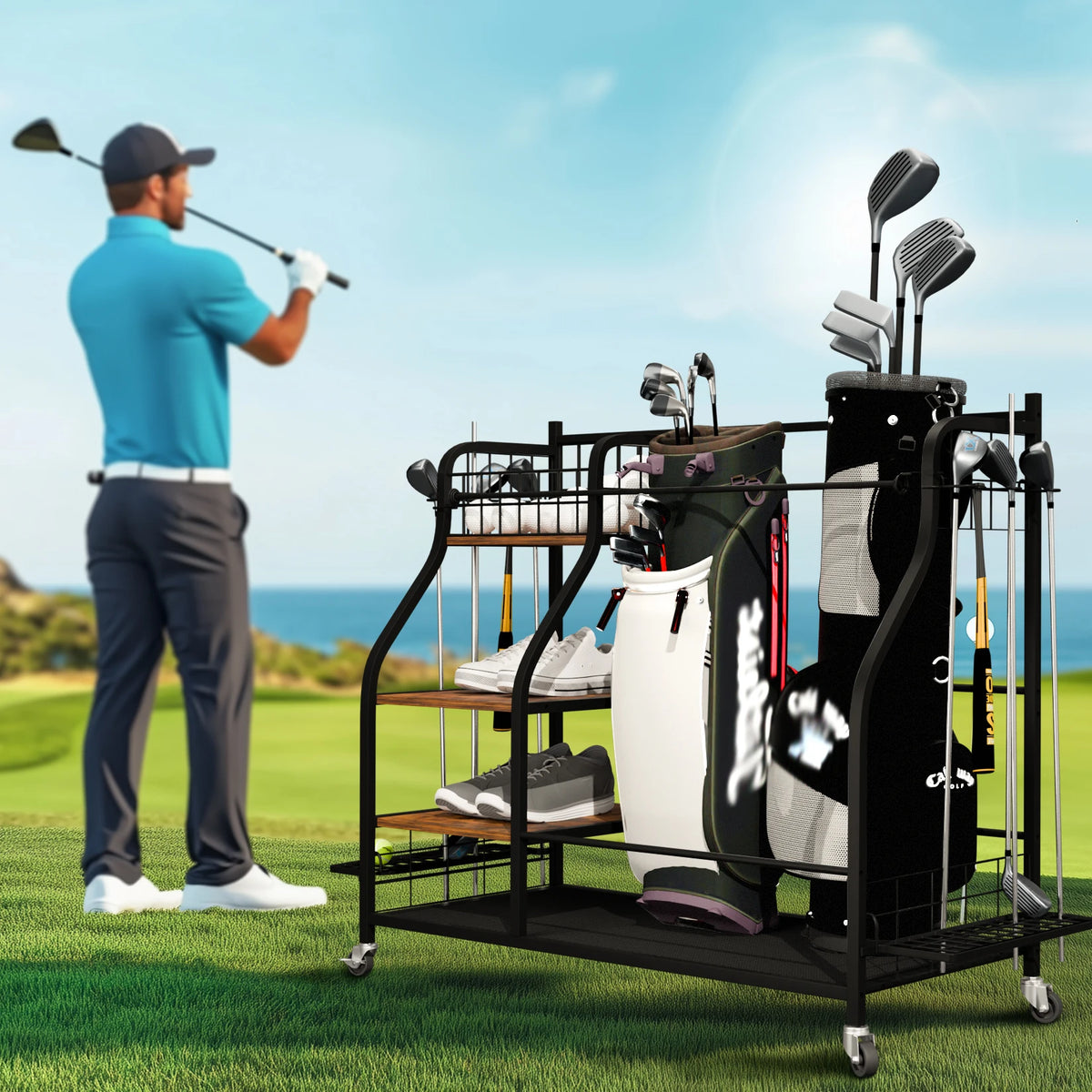 Rolling Golf Bag Storage Rack With Wheels Sports Equipment Organizer