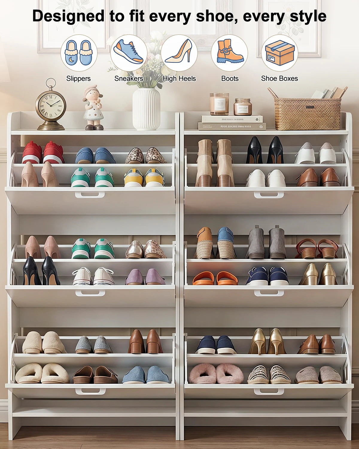 Shoe Cabinet With 3 Flip Drawers Slim Wooden Organizer