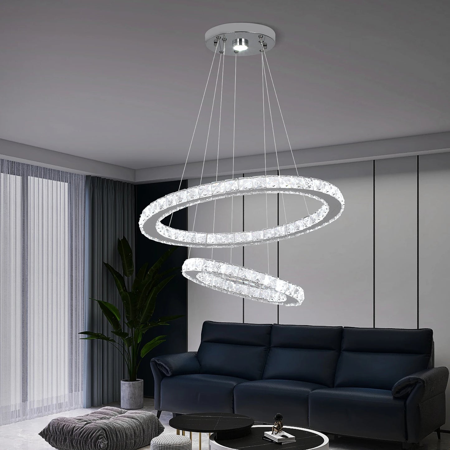 GreeLustr Modern LED Pendant Light Crystal Rings Chandelier