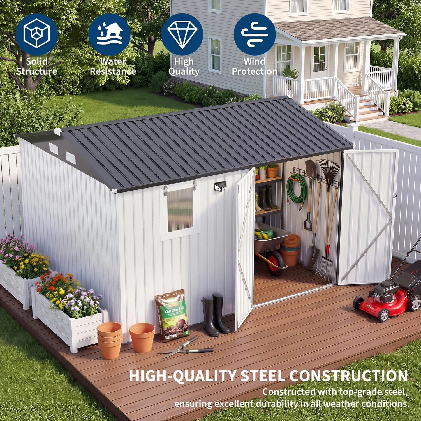 10x8FT Steel Garden Storage Shed With Sloped Roof, Vents & Window, Lockable Doors, Outdoor Tool Shed For Backyard Patio Poolside