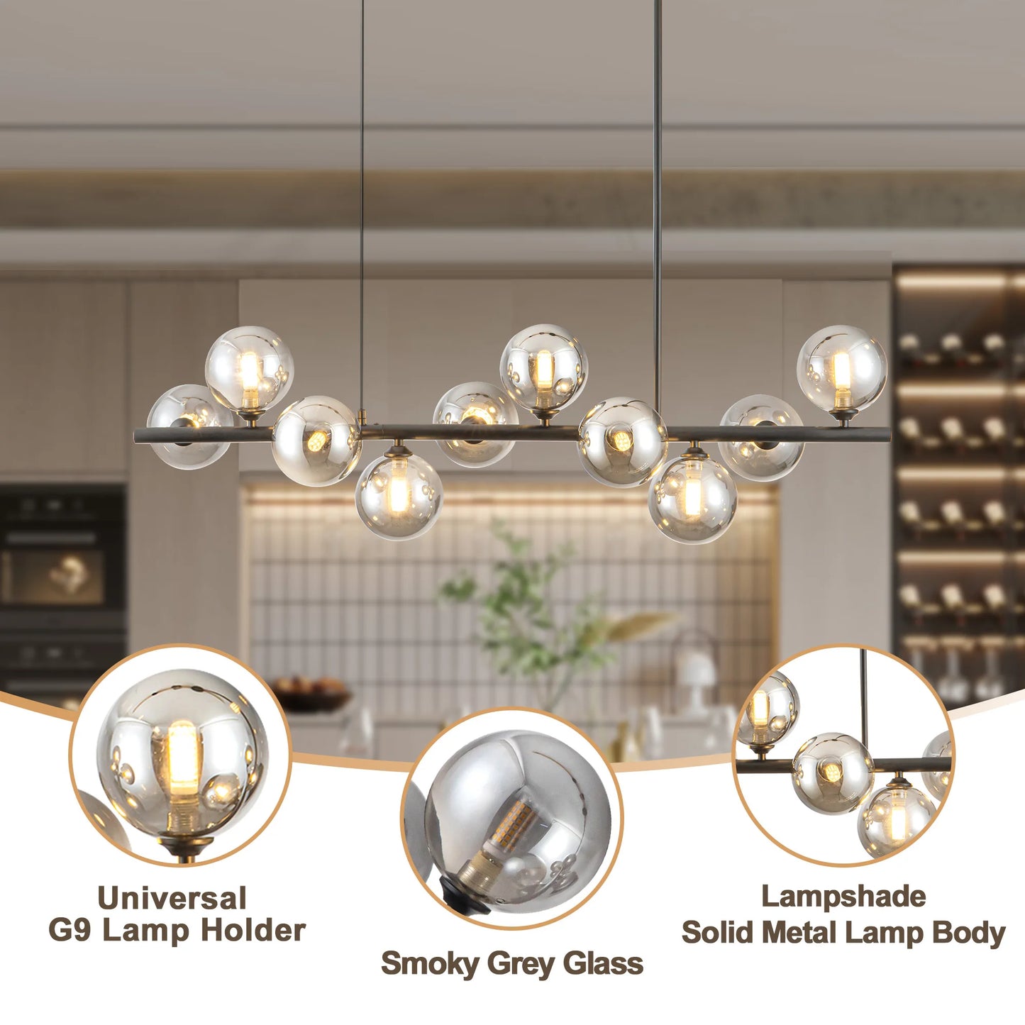 10 Light Adjustable Chandelier With Smoked Glass Globe Shades