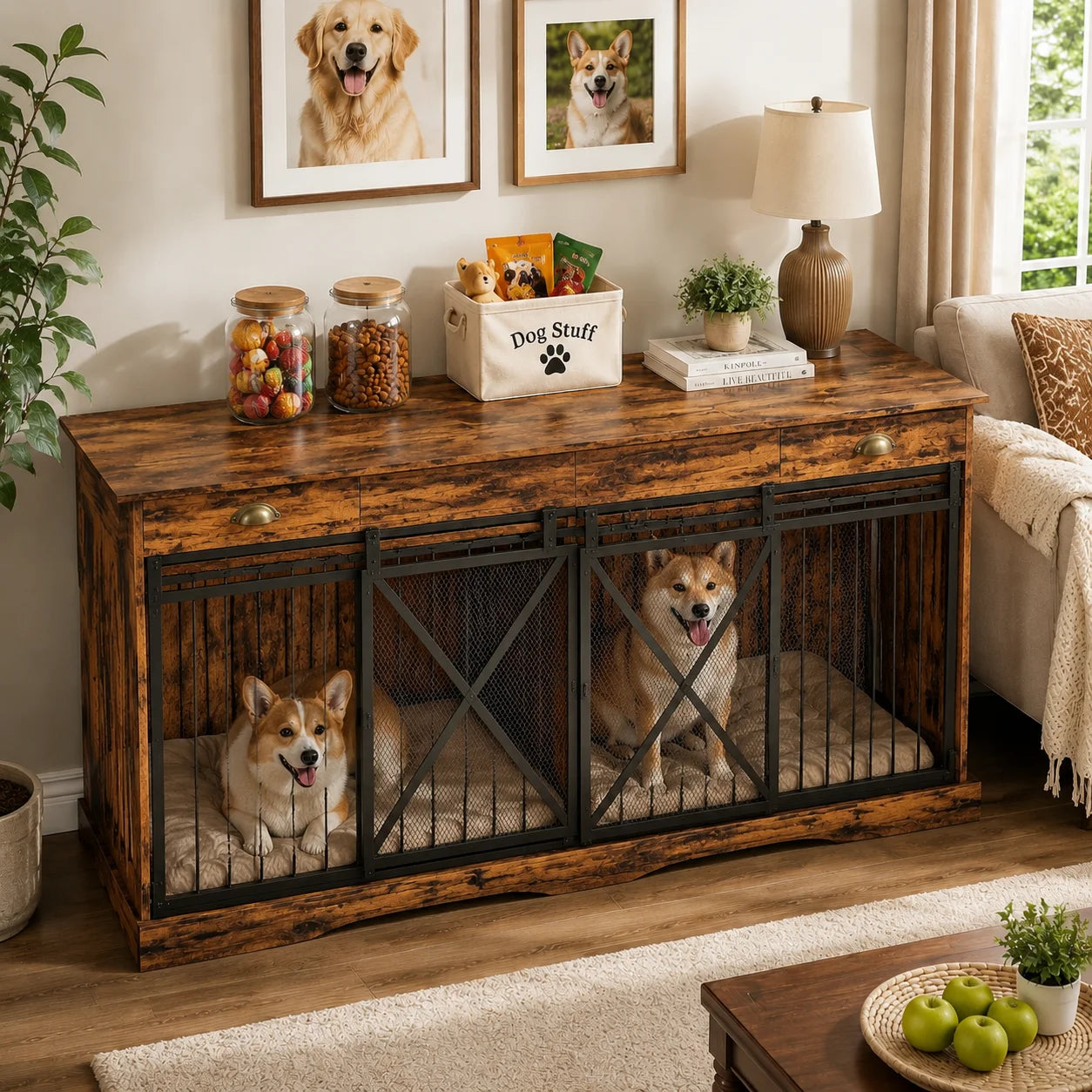 Heavy Duty Wooden Double Dog Crate Furniture Storage Drawers Indoor