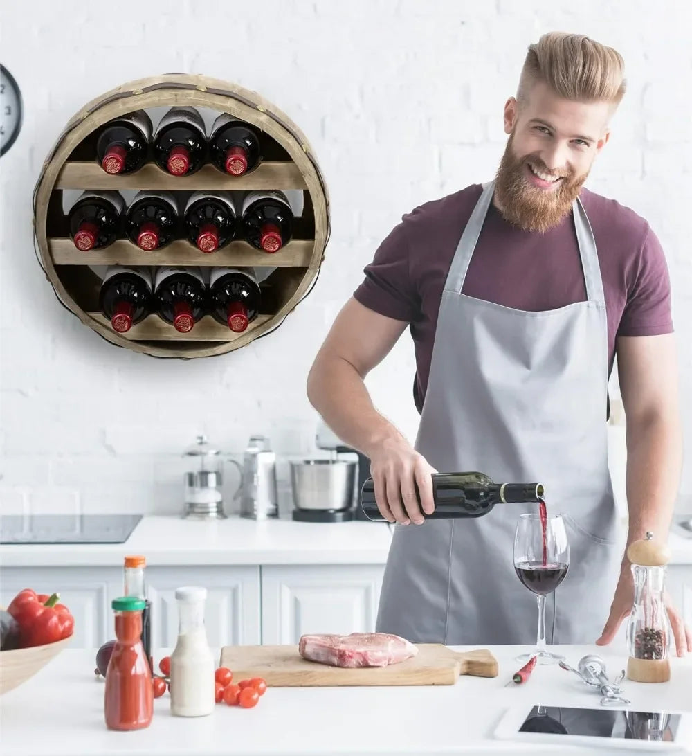 Wall Mounted Barrel Wine Rack for 10 Bottles Rustic Wood Holder