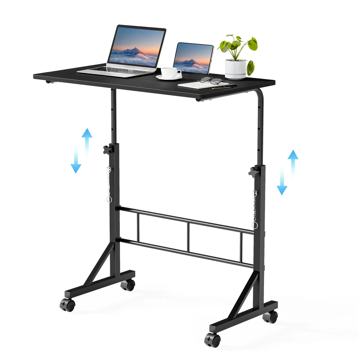 JHK Adjustable Height Mobile Desk Locking Wheels Laptop Workstation