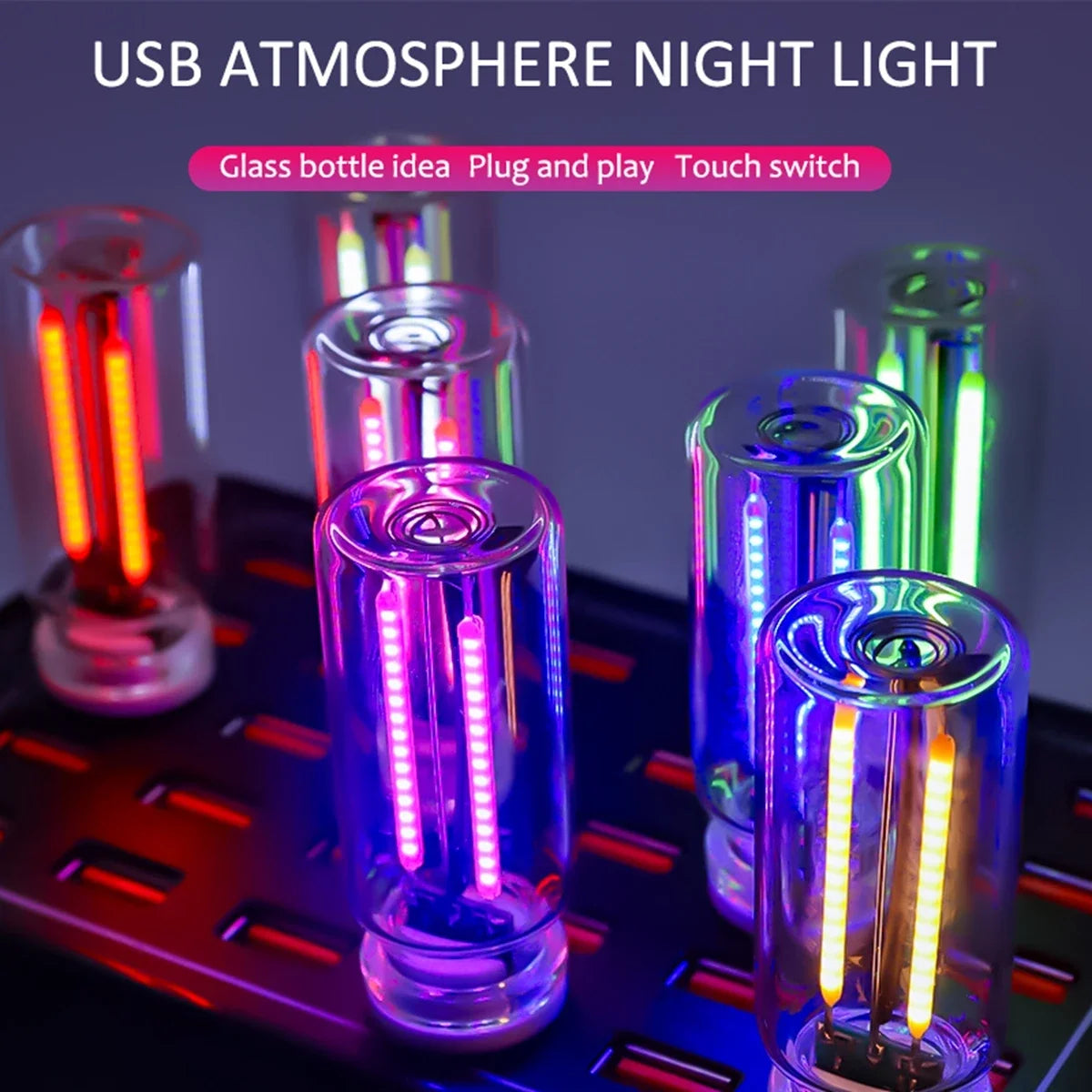 USB Glass Bottle Night Light For Car With Touch Dimmer LED Lamp