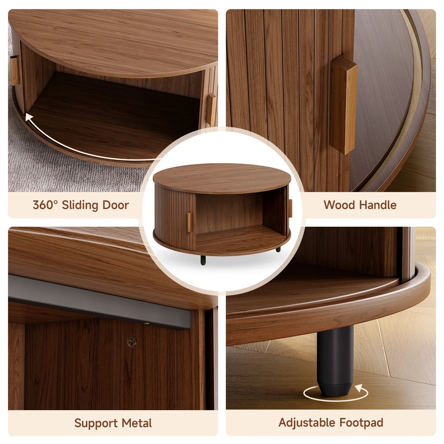 ONBRILL Round Coffee Table With Storage And Sliding Door
