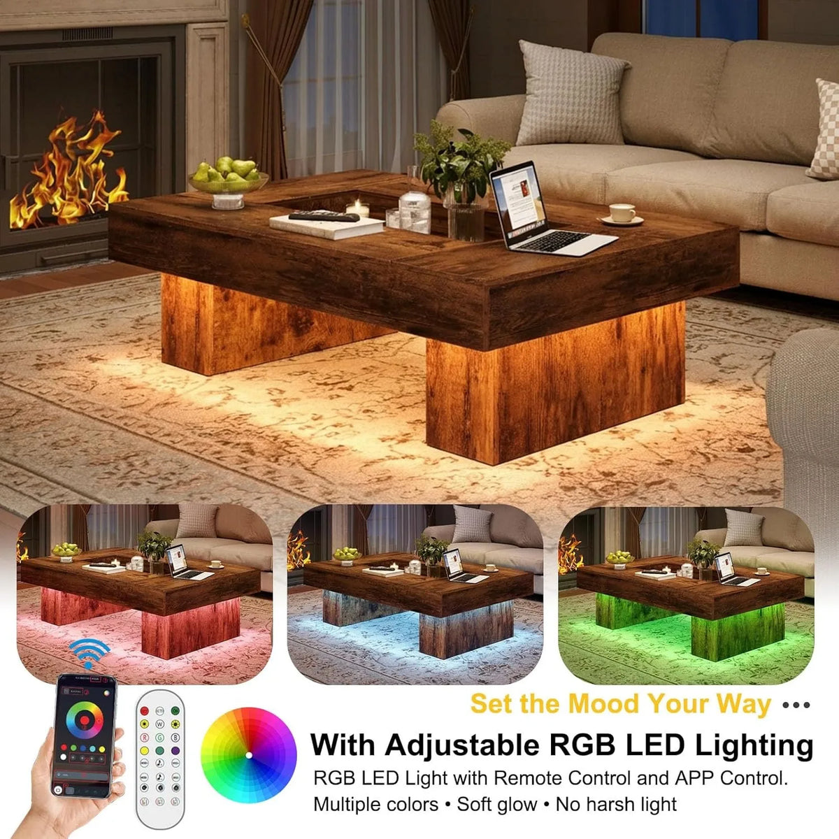 XIUWO Rustic Wood Coffee Table With Storage And LED Light