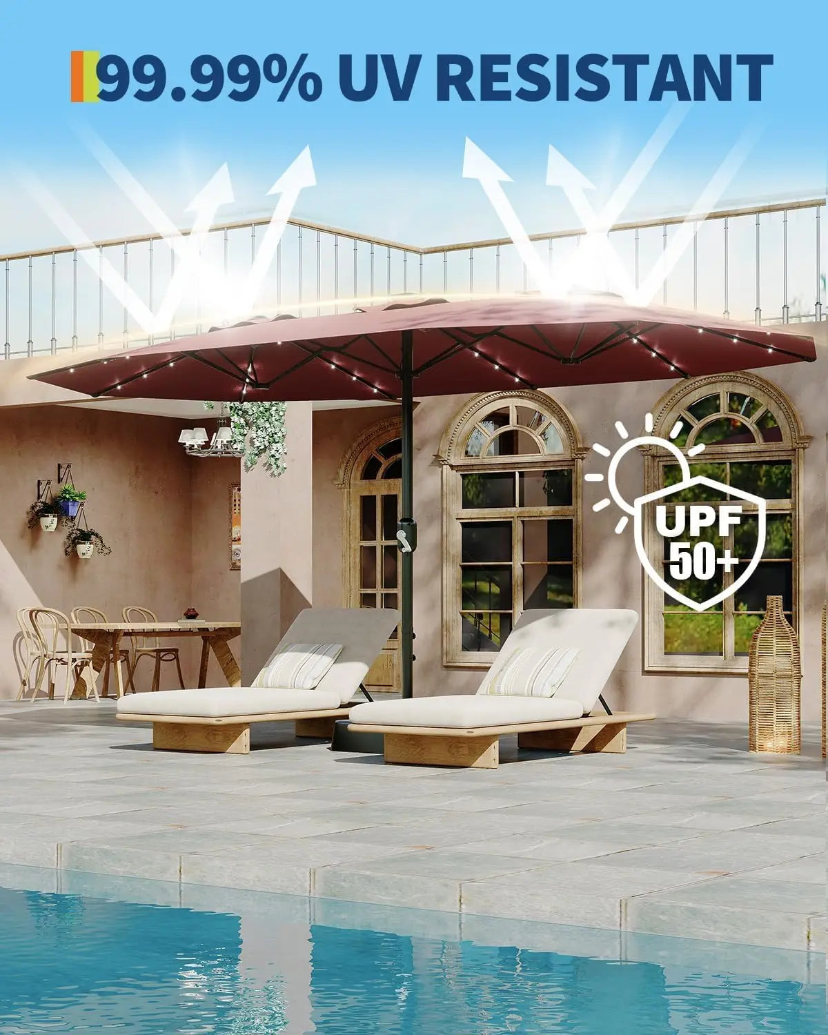 15 ft Rectangular Patio Umbrella with Solar Lights & Base Included - Large Patio Umbrella with Crank Handle 36 LED Lights, UV Protection for Outdoor Market, Backyard, Deck, Pool, Burgundy