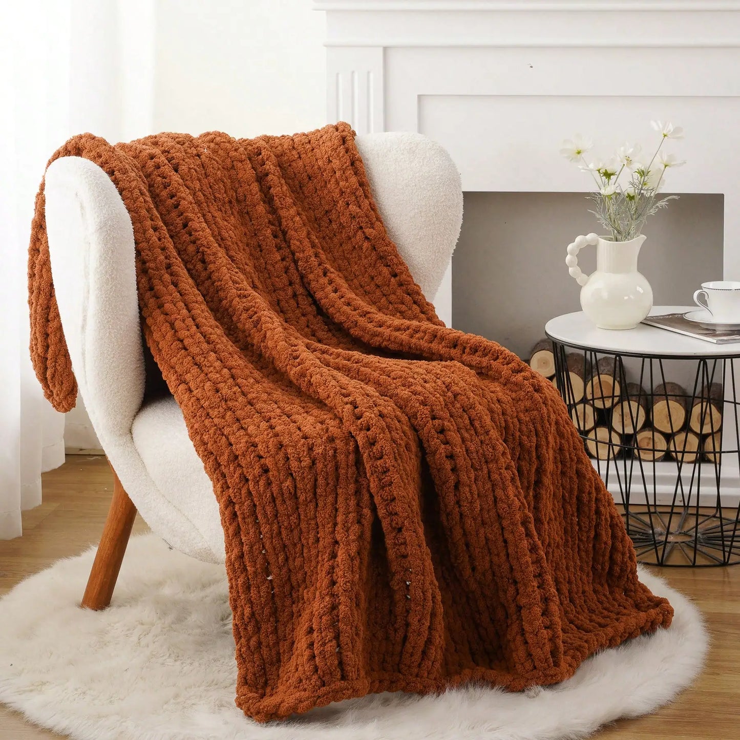 Cream Chunky Knit Throw Blanket For Couch,Handmade Cable Knit Crochet Blanket,Chenille Throw Blankets For Sofa Bed Home Decor,50