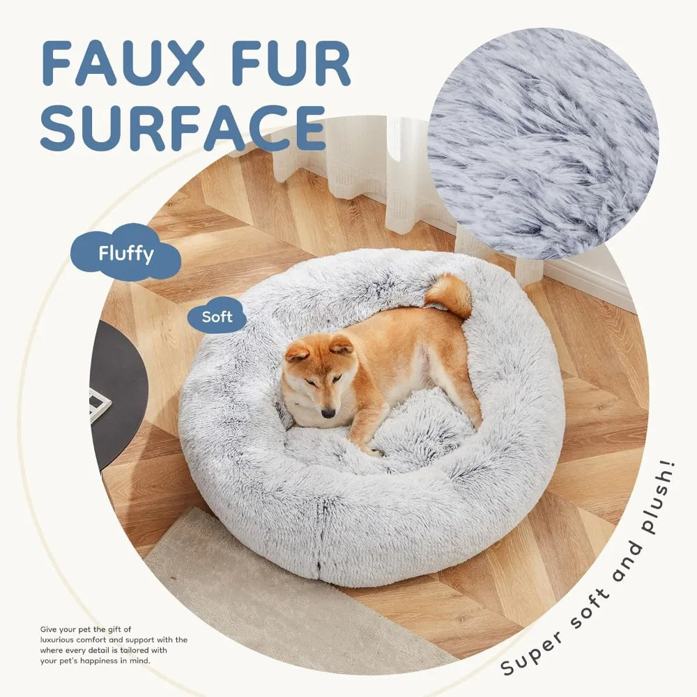 Calming Donut Dog Bed for Large Dogs, Machine Washable Fluffy Faux Fur, Anti-Slip Round Pet Bed for Indoor Cats and Dogs, Grey