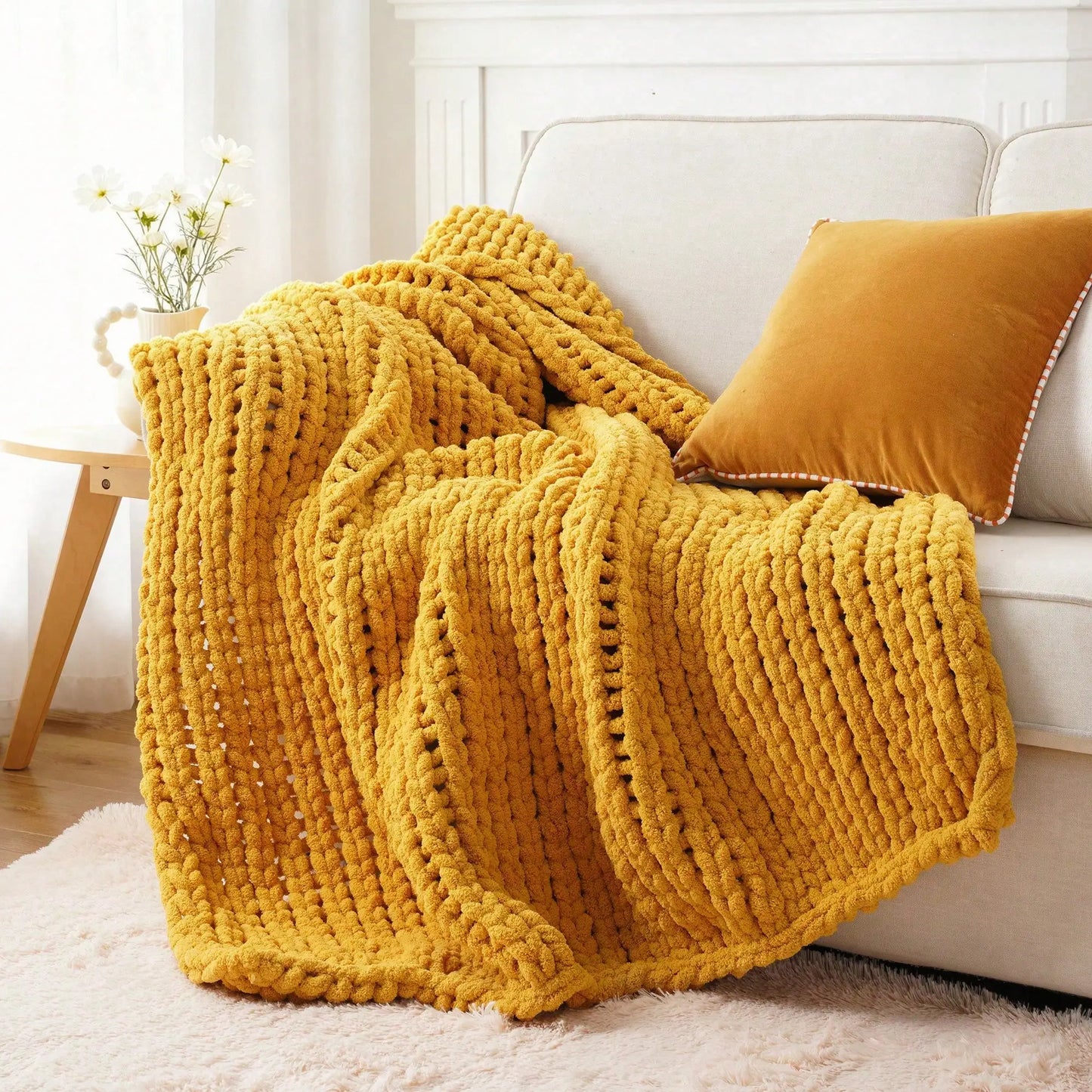 Cream Chunky Knit Throw Blanket For Couch,Handmade Cable Knit Crochet Blanket,Chenille Throw Blankets For Sofa Bed Home Decor,50