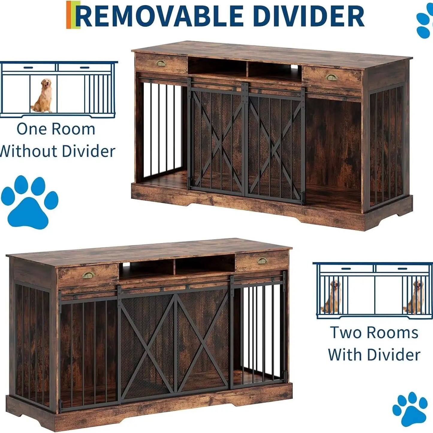 Heavy Duty Wooden Double Dog Crate Furniture Storage Drawers Indoor