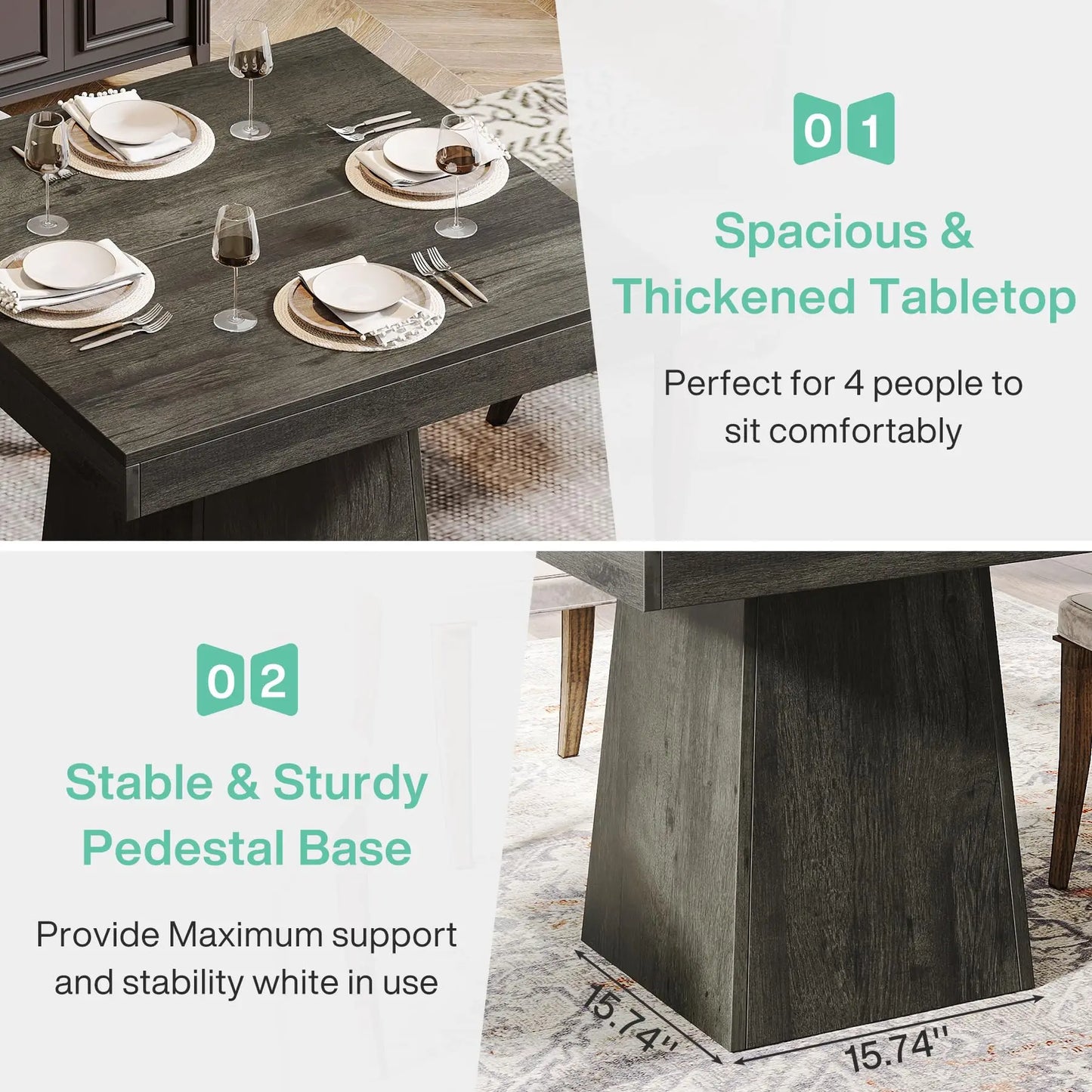 Tribesigns Square Dining Table With Pedestal Base Farmhouse Style Wood