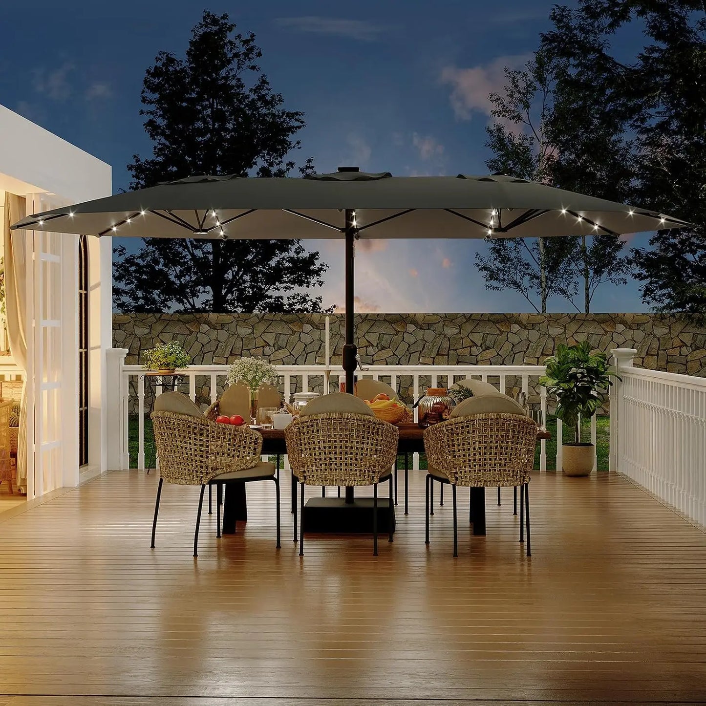 15 ft Rectangular Patio Umbrella with Solar Lights & Base Included - Large Patio Umbrella with Crank Handle 36 LED Lights, UV Protection for Outdoor Market, Backyard, Deck, Pool, Burgundy