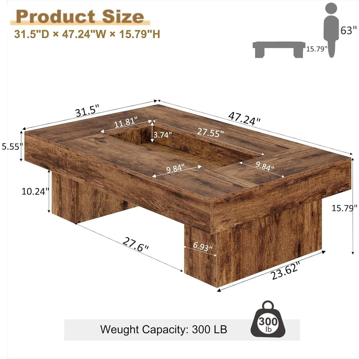 XIUWO Rustic Wood Coffee Table With Storage And LED Light