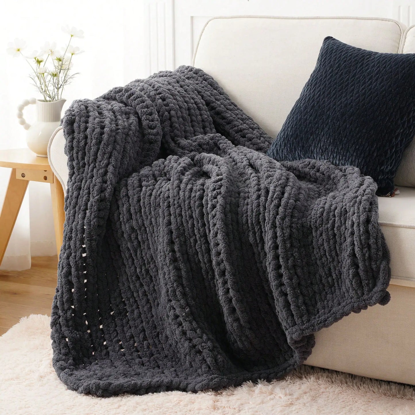Cream Chunky Knit Throw Blanket For Couch,Handmade Cable Knit Crochet Blanket,Chenille Throw Blankets For Sofa Bed Home Decor,50