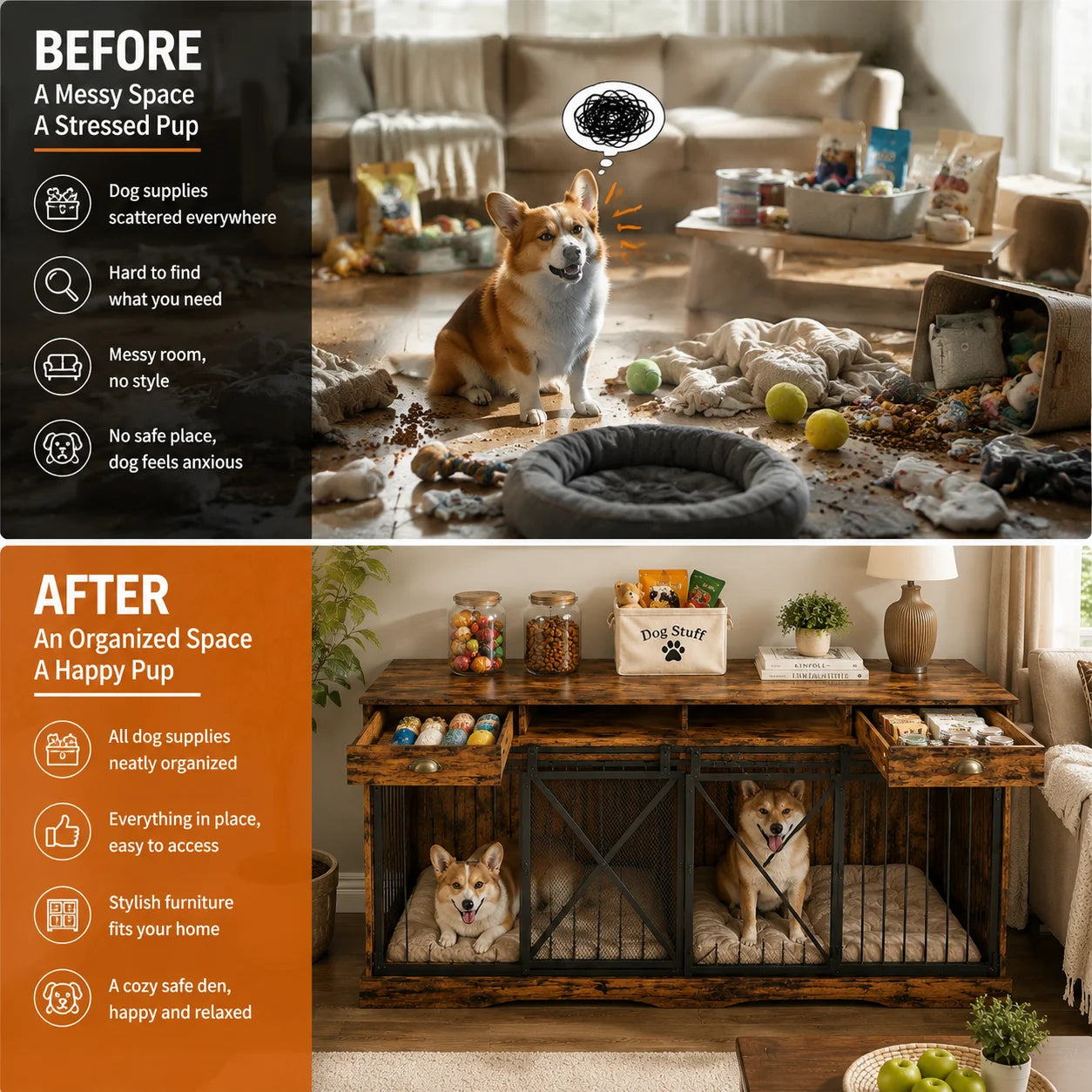 Heavy Duty Wooden Double Dog Crate Furniture Storage Drawers Indoor