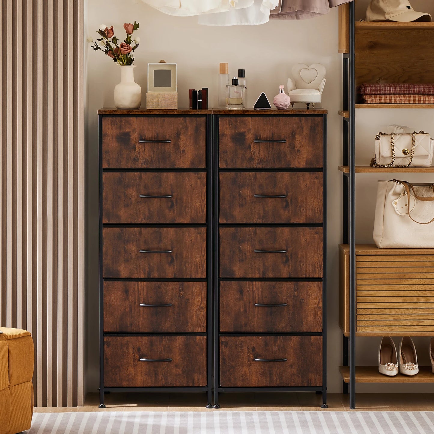 JHK Dresser With 5 Fabric Drawers Nightstand Wardrobe Steel Frame