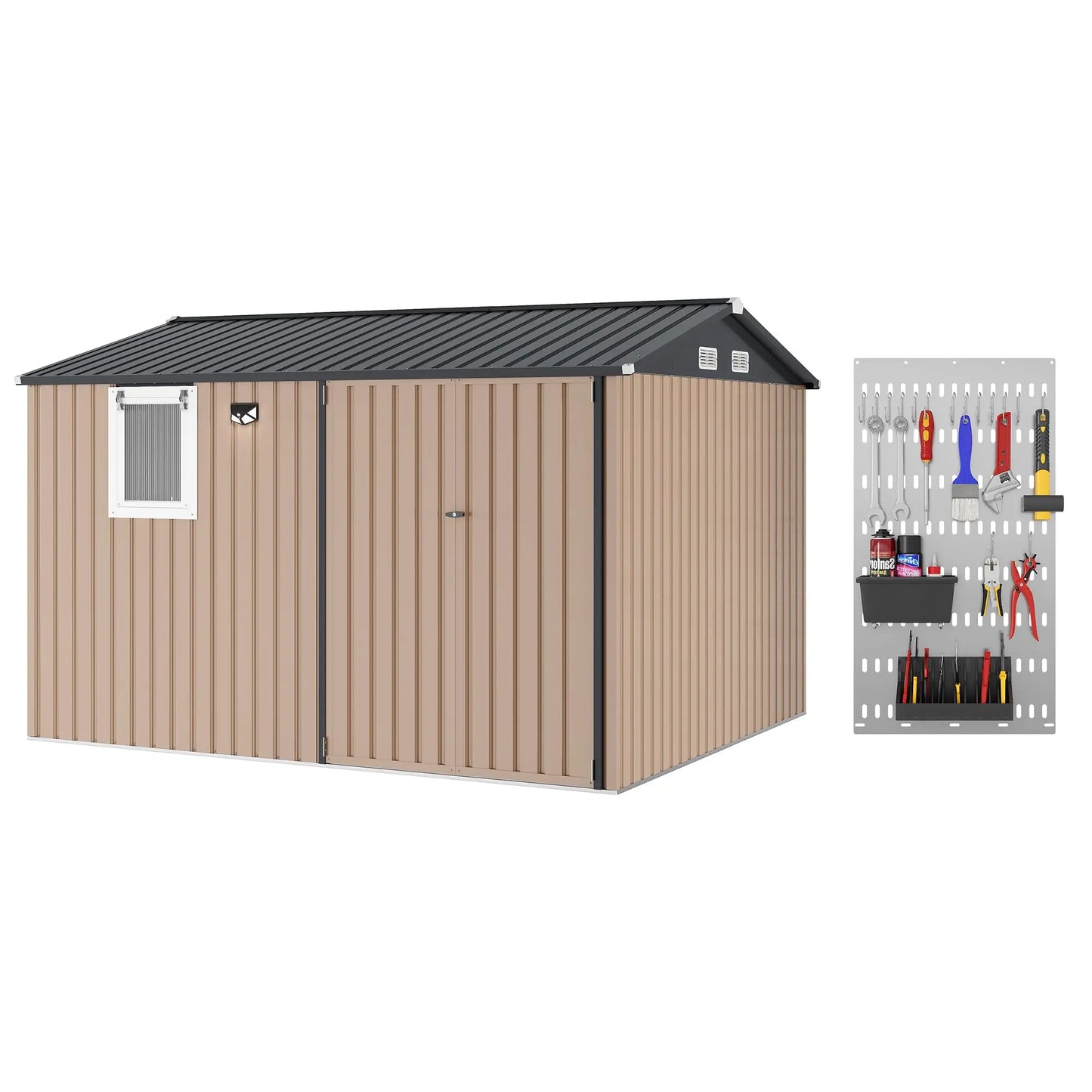 10x8FT Steel Garden Storage Shed With Sloped Roof, Vents & Window, Lockable Doors, Outdoor Tool Shed For Backyard Patio Poolside