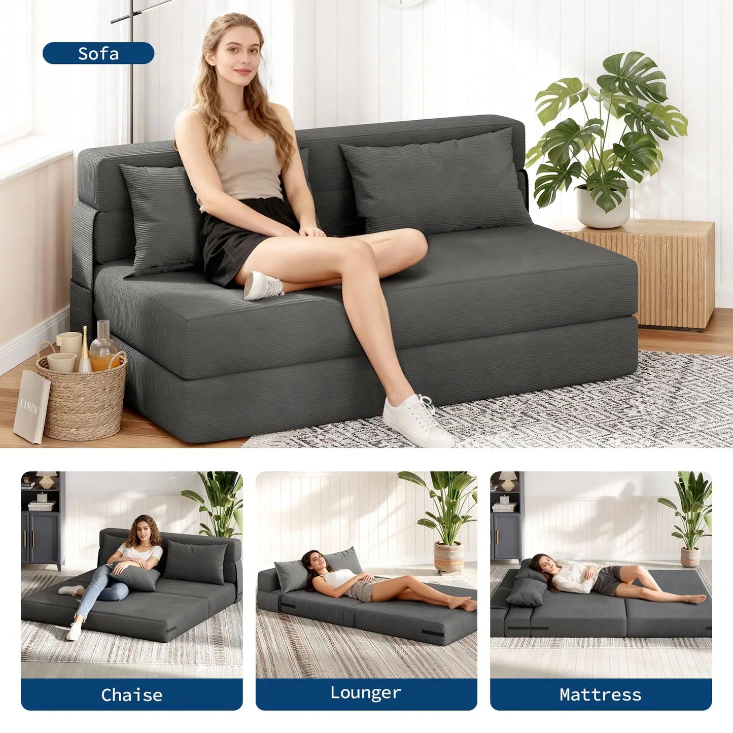 HobbyLane FourInOne Folding Sofa Bed Corduroy Loveseat With Pillow