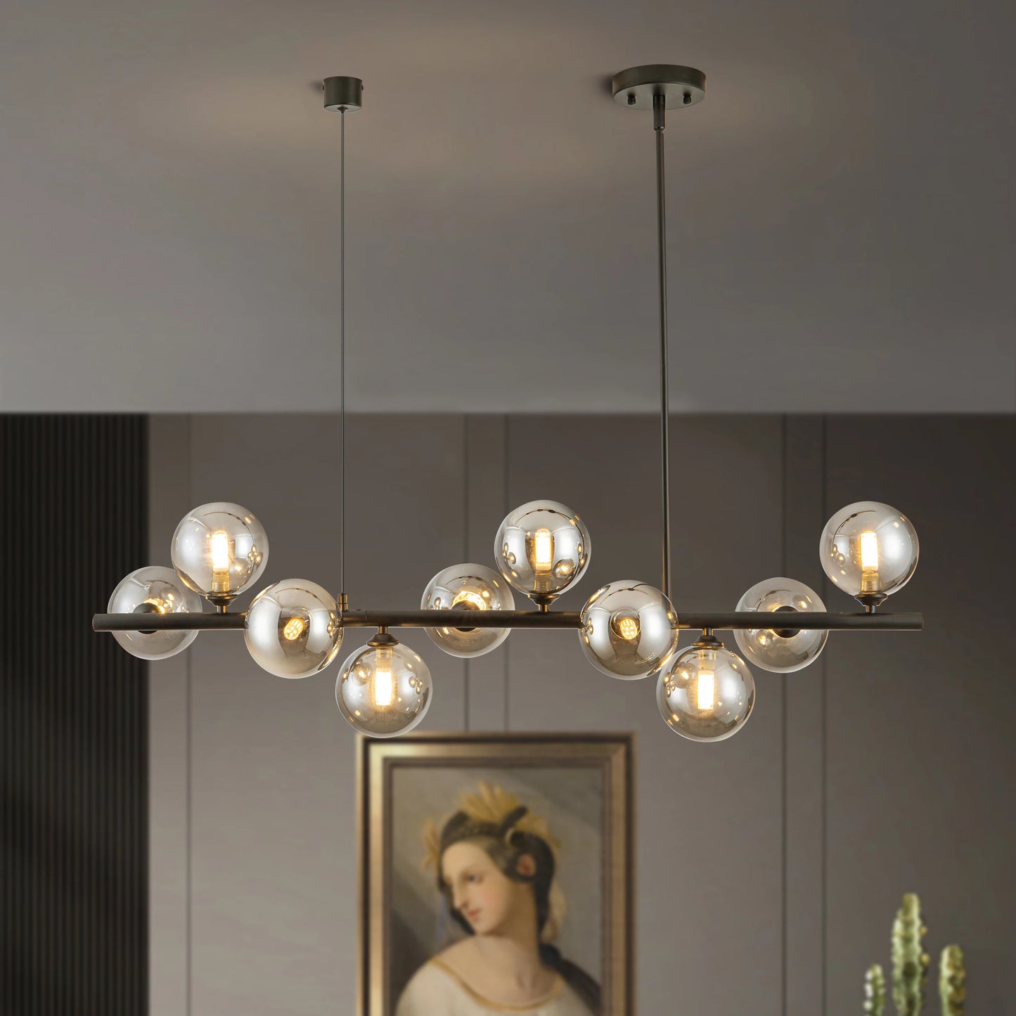 10 Light Adjustable Chandelier With Smoked Glass Globe Shades