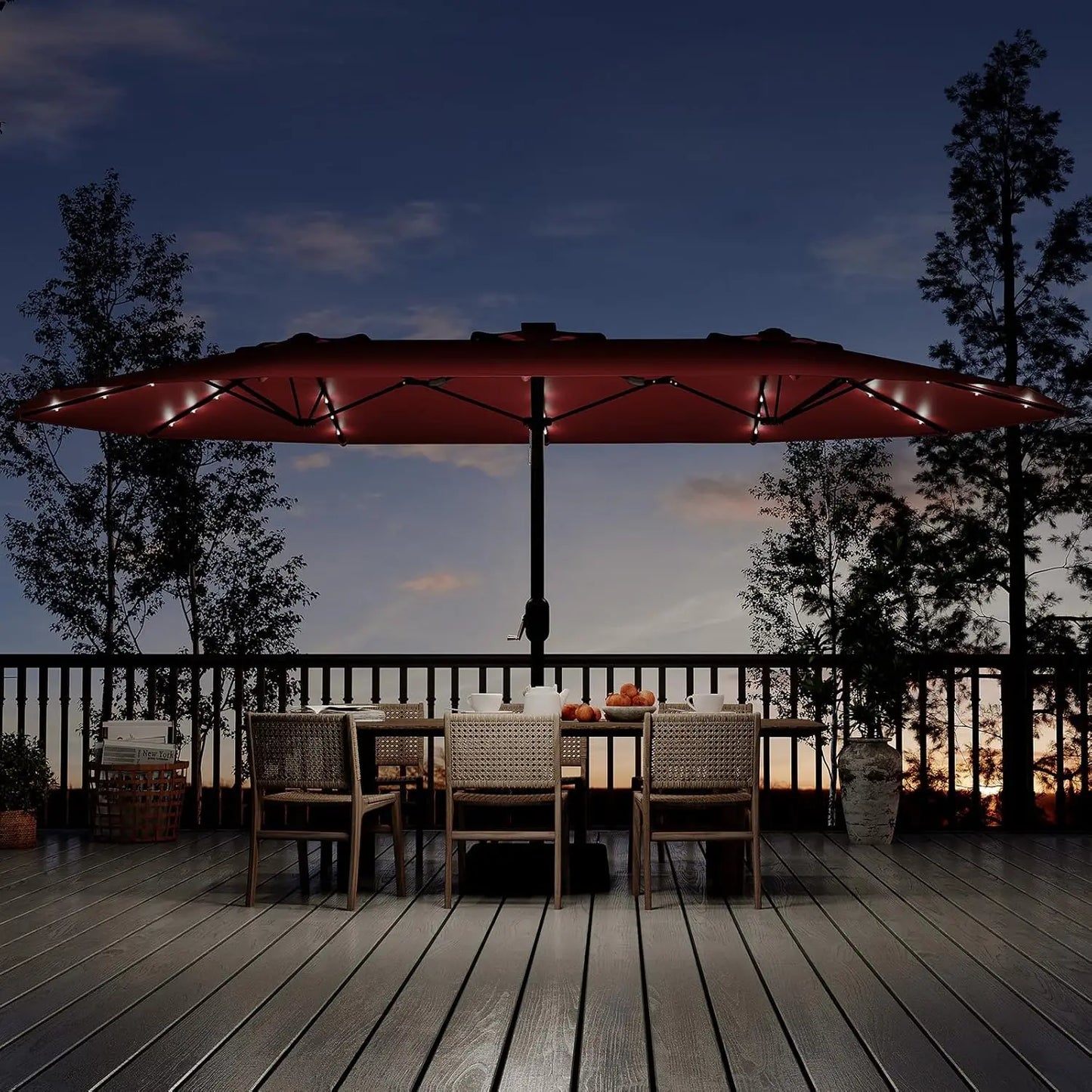 15 ft Rectangular Patio Umbrella with Solar Lights & Base Included - Large Patio Umbrella with Crank Handle 36 LED Lights, UV Protection for Outdoor Market, Backyard, Deck, Pool, Burgundy