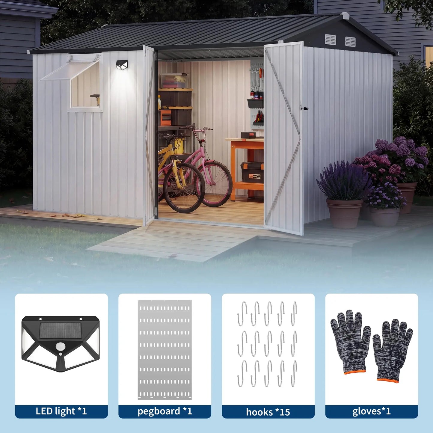 10x8FT Steel Garden Storage Shed With Sloped Roof, Vents & Window, Lockable Doors, Outdoor Tool Shed For Backyard Patio Poolside