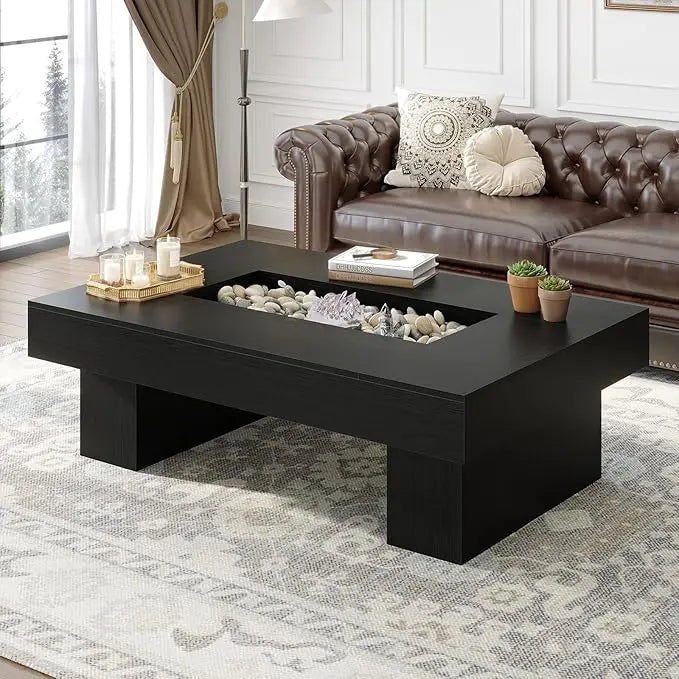 XIUWO Rustic Wood Coffee Table With Storage And LED Light