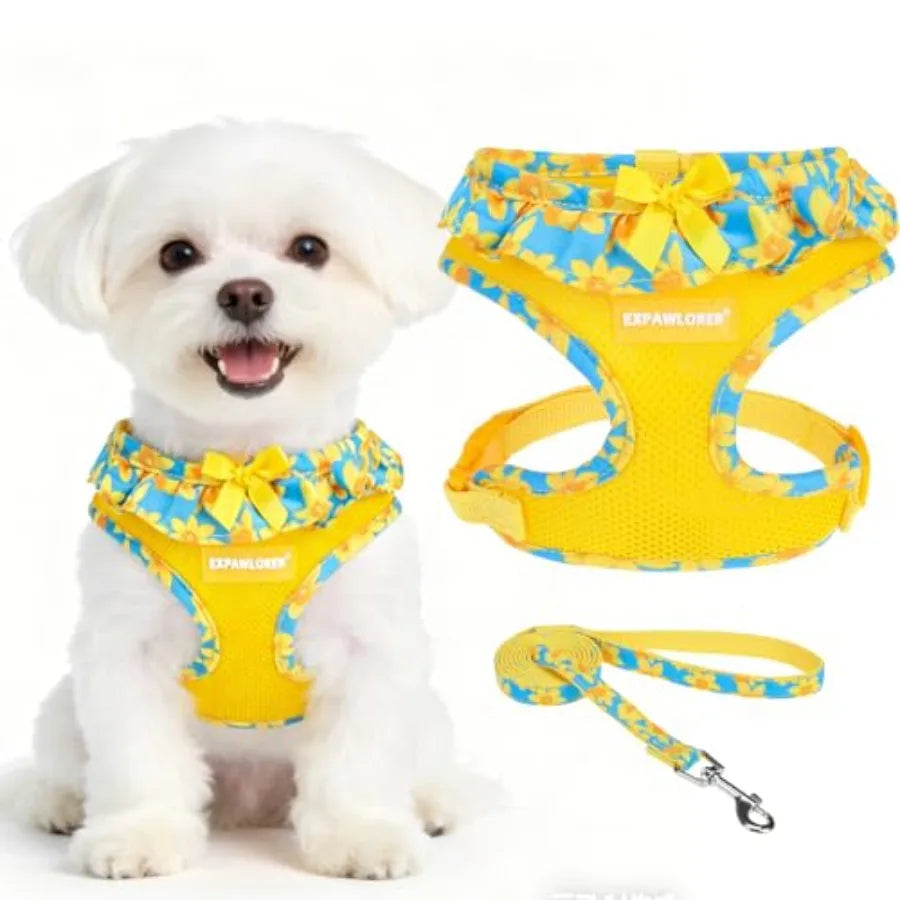 Adjustable No Choke Step In Dog Harness Collar Leash Set