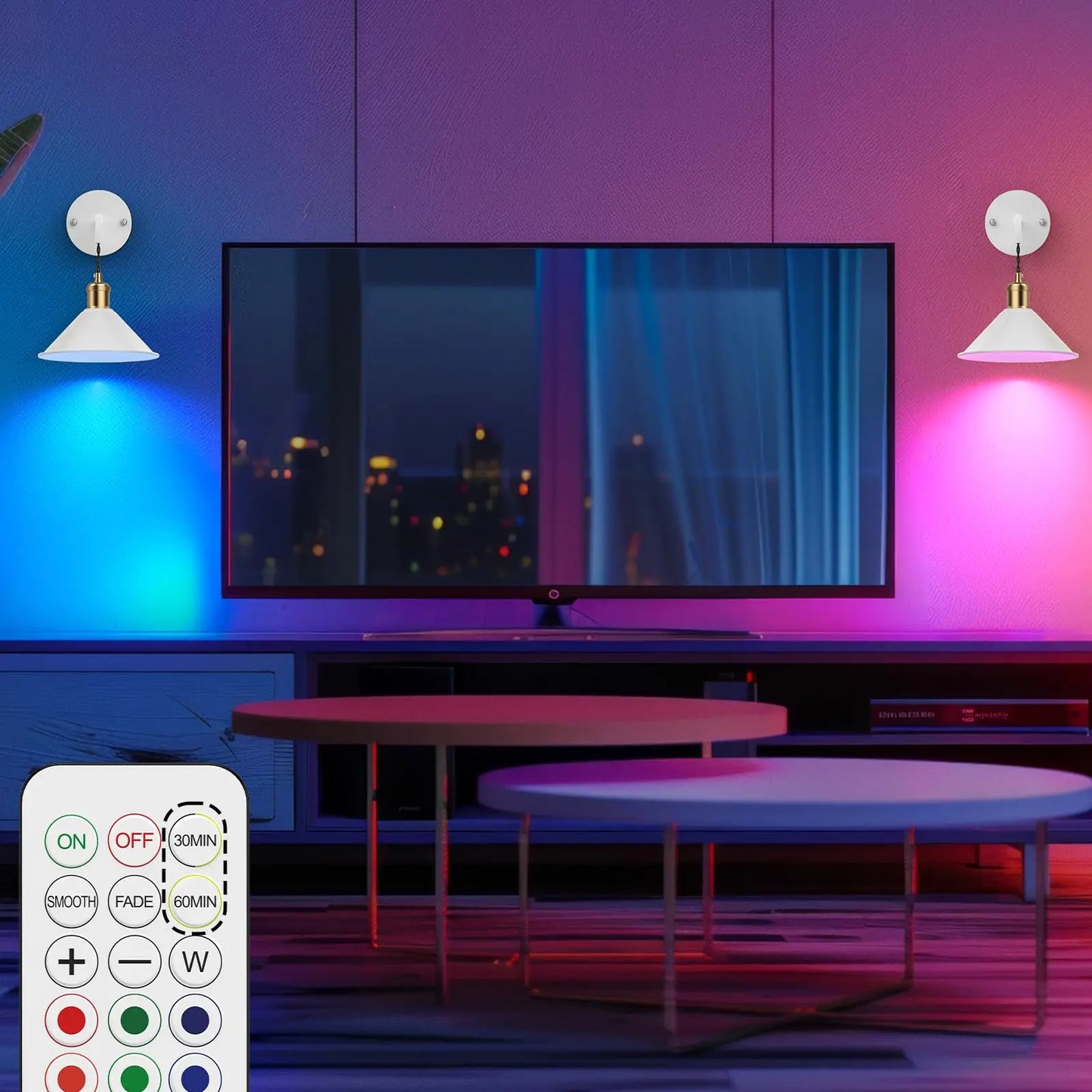 PRTILOUD Battery Operated Wall Sconces With Remote Dimmable RGB Lighting