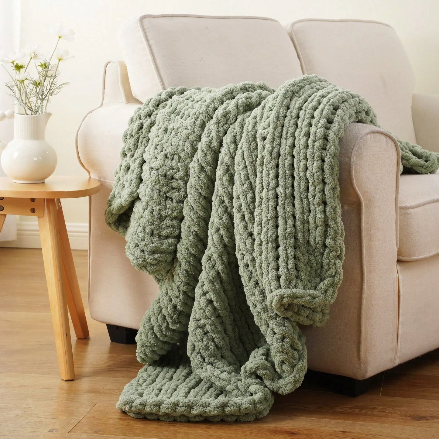 Cream Chunky Knit Throw Blanket For Couch,Handmade Cable Knit Crochet Blanket,Chenille Throw Blankets For Sofa Bed Home Decor,50