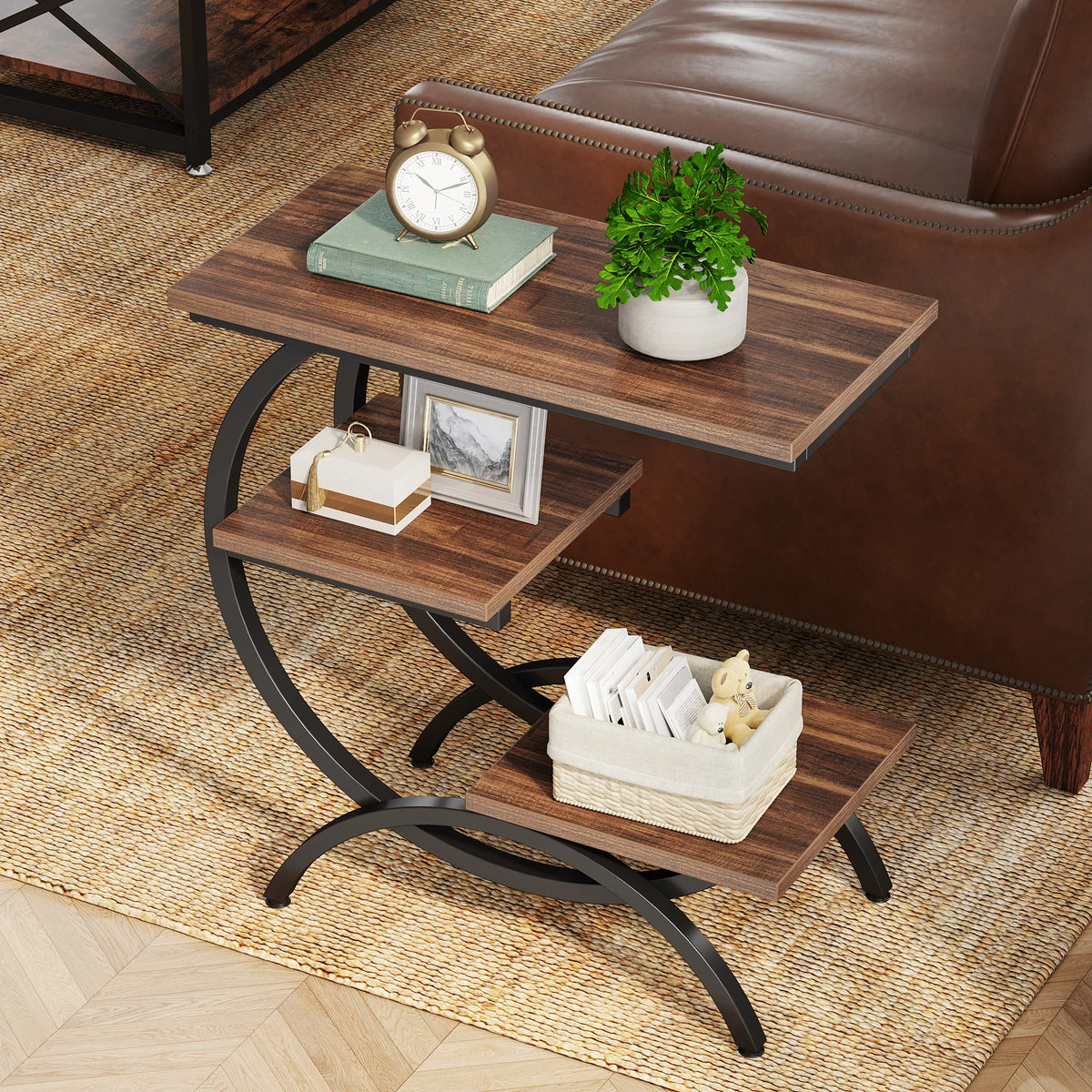 Tribesigns Industrial C-Shaped End Table with 3-Tier Storage Shelves
