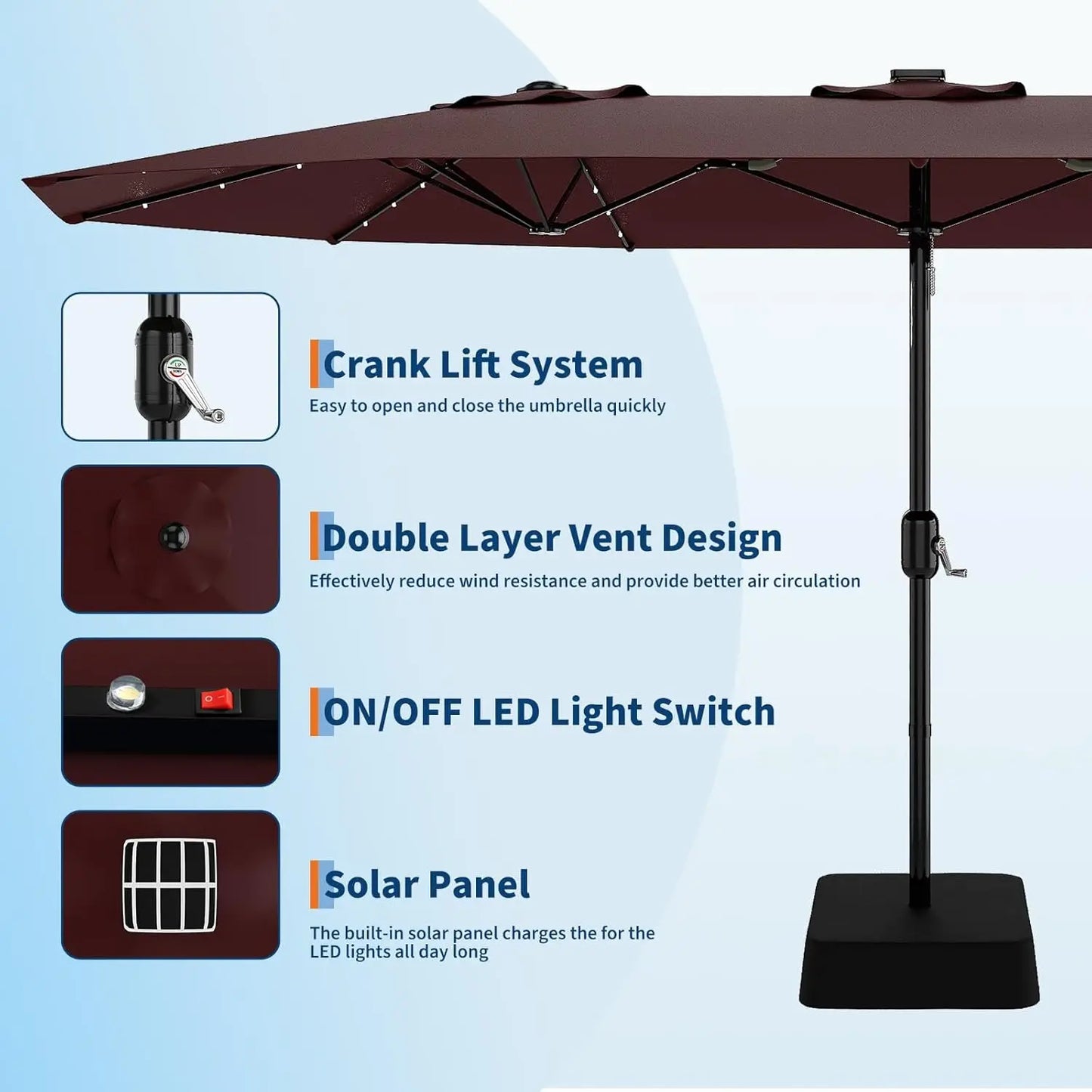 15 ft Rectangular Patio Umbrella with Solar Lights & Base Included - Large Patio Umbrella with Crank Handle 36 LED Lights, UV Protection for Outdoor Market, Backyard, Deck, Pool, Burgundy