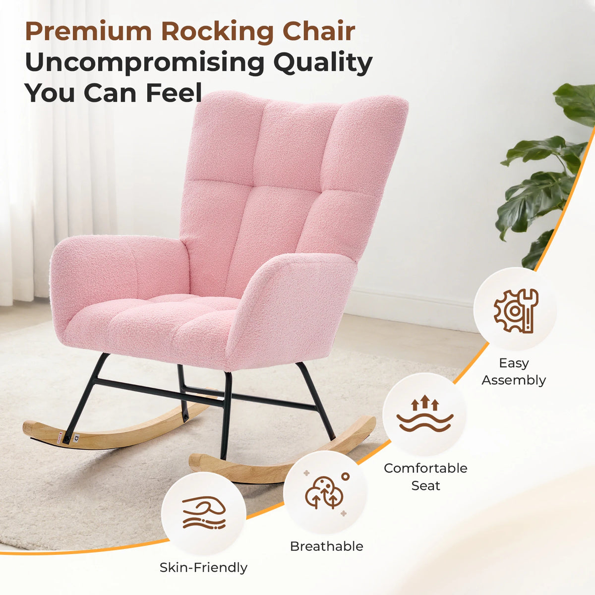 JHK Teddy Upholstered Saucer Rocking Chair With High Backrest