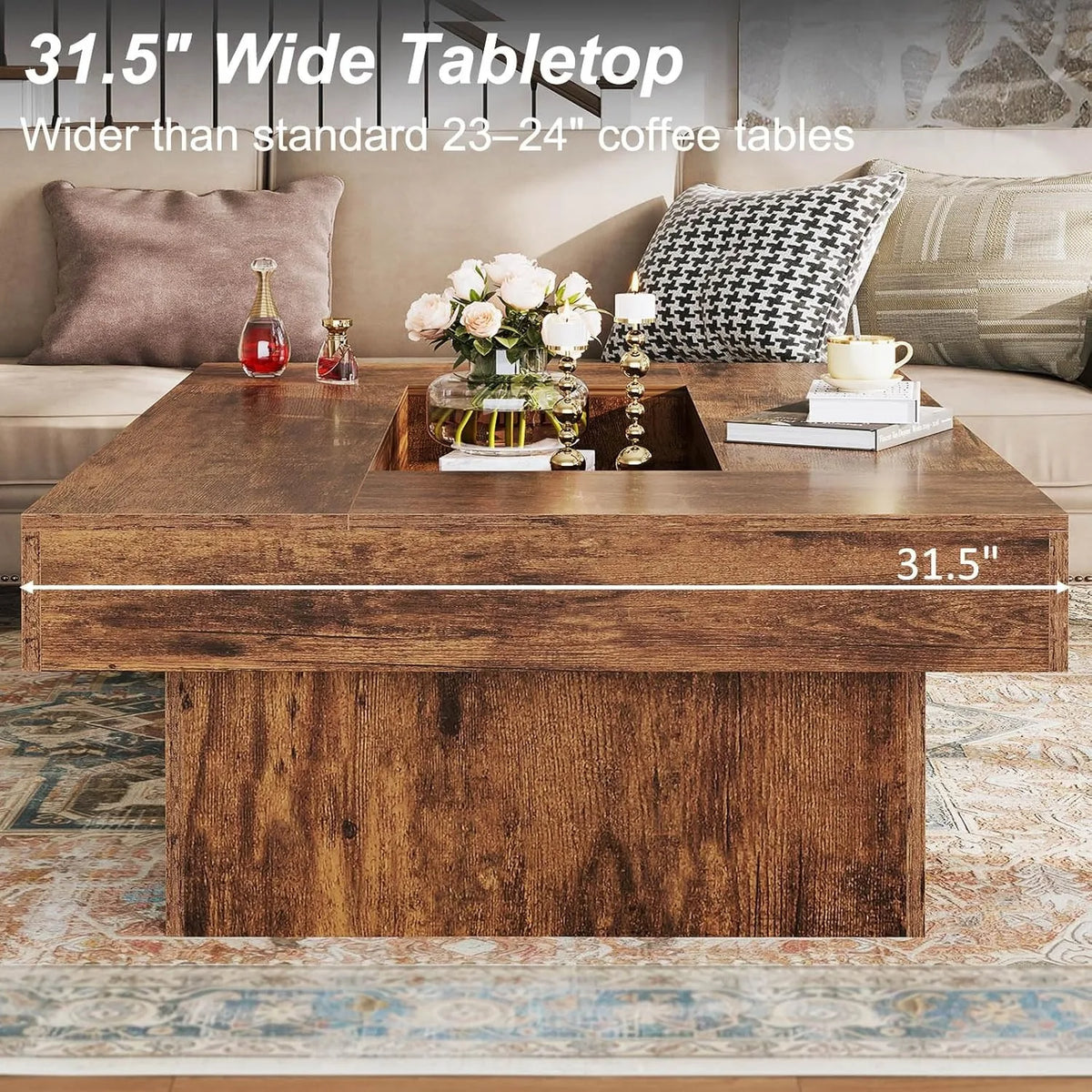 XIUWO Rustic Wood Coffee Table With Storage And LED Light