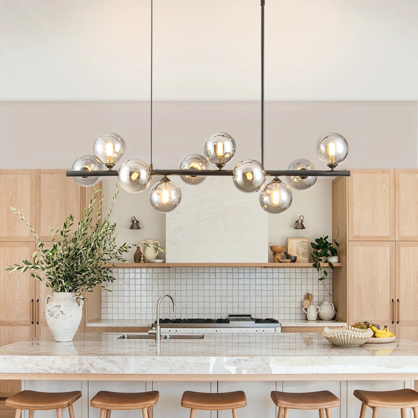 10 Light Adjustable Chandelier With Smoked Glass Globe Shades