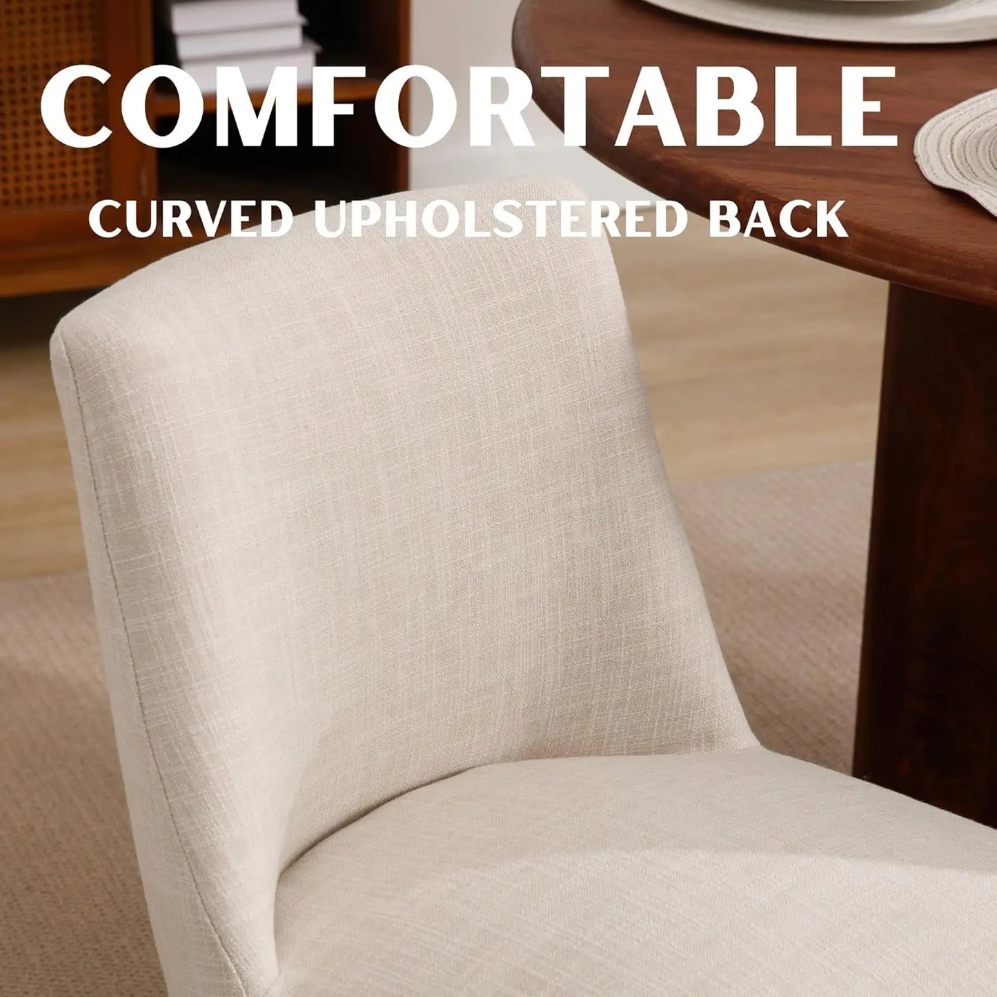 Modern Linen Dining Chairs Set Upholstered Back Wood Legs