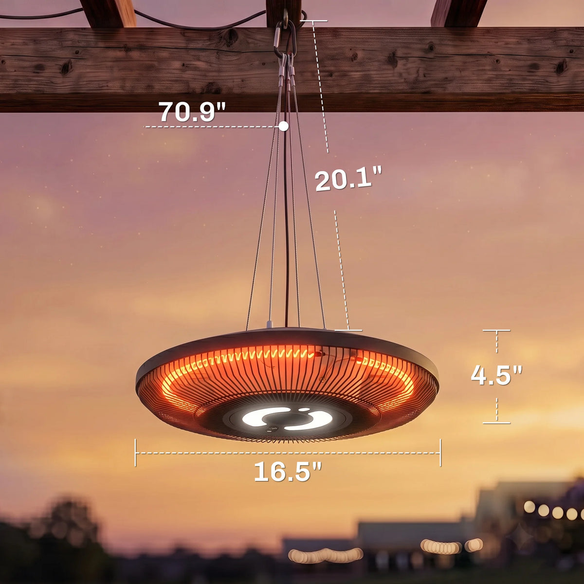 Electric Hanging Patio Heater w/ LED Light, 750/1500W, IP65, Black