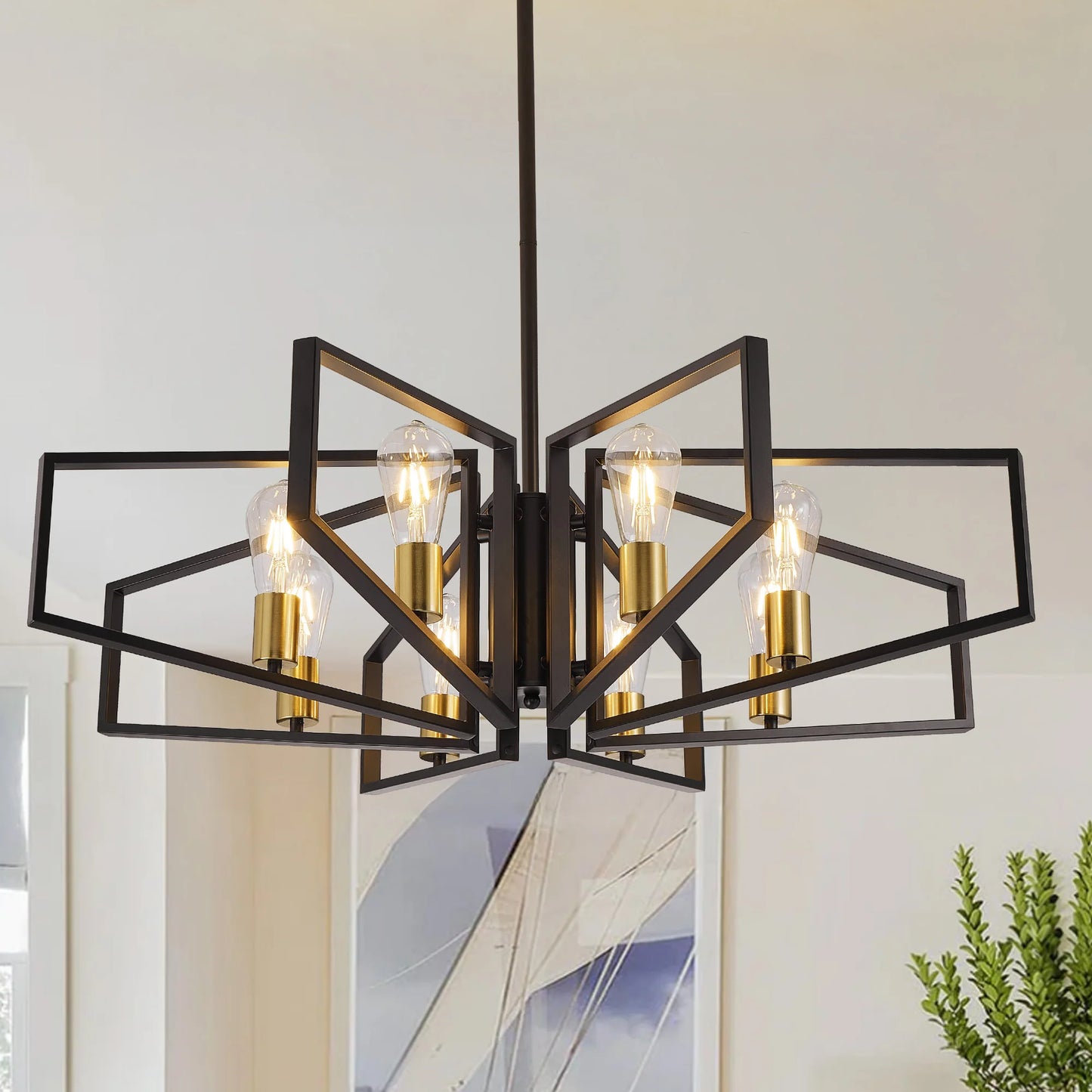 8-Light Geometric Chandelier With Adjustable Height Pendant Light