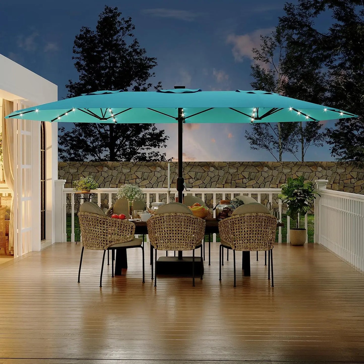 15 ft Rectangular Patio Umbrella with Solar Lights & Base Included - Large Patio Umbrella with Crank Handle 36 LED Lights, UV Protection for Outdoor Market, Backyard, Deck, Pool, Burgundy