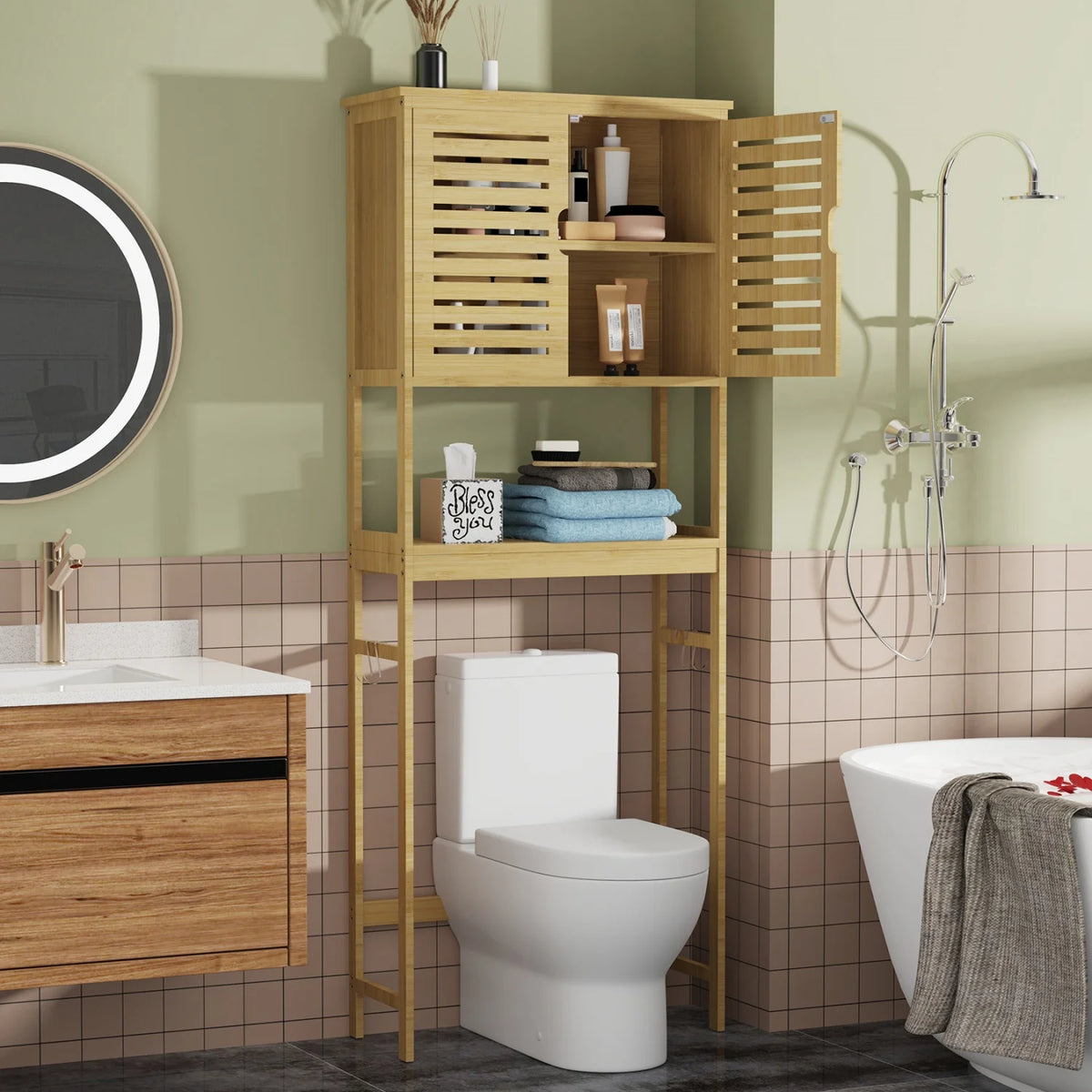 Bamboo Over Toilet Three Tier Storage Rack Bathroom Organizer