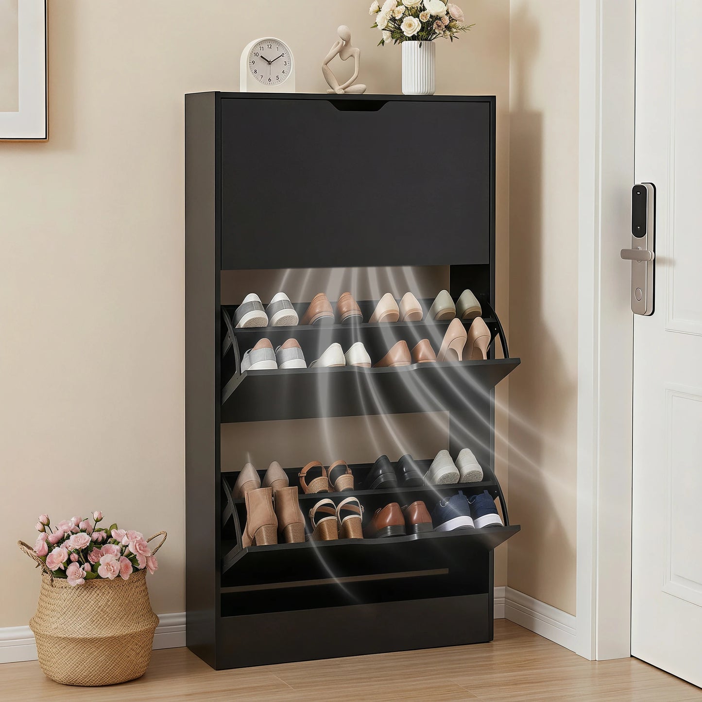 Shoe Cabinet With 3 Flip Drawers Slim Wooden Organizer