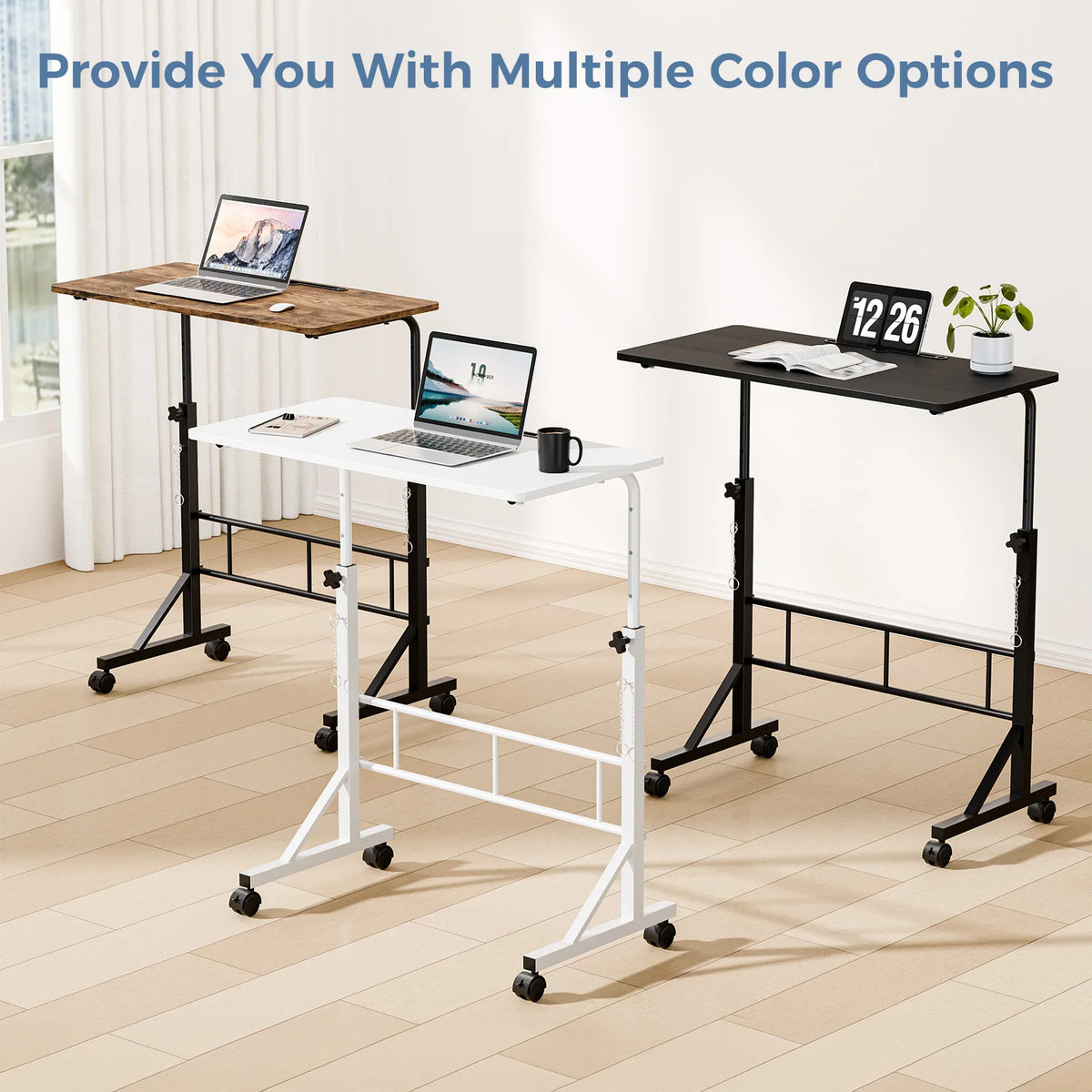 JHK Adjustable Height Mobile Desk Locking Wheels Laptop Workstation