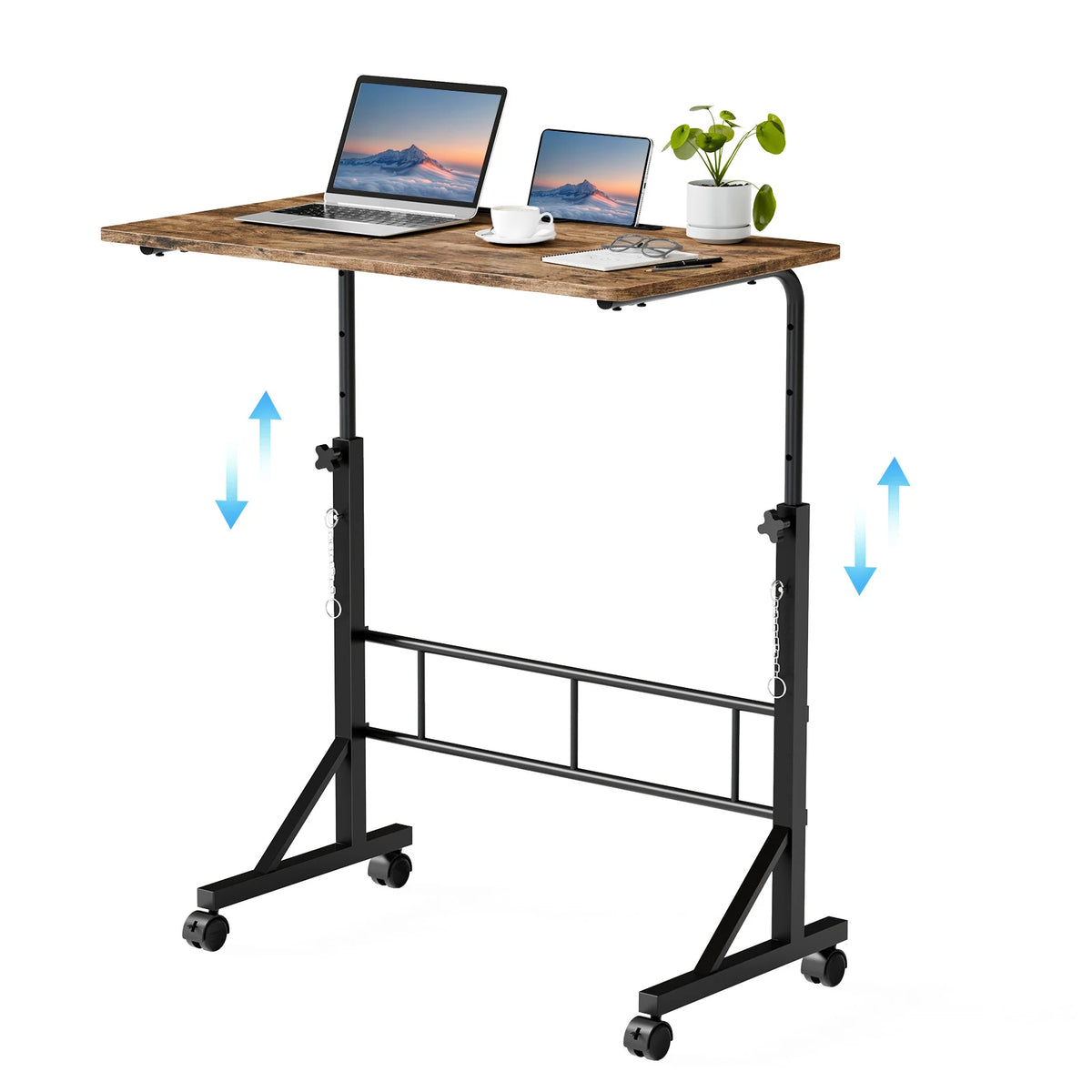 JHK Adjustable Height Mobile Desk Locking Wheels Laptop Workstation