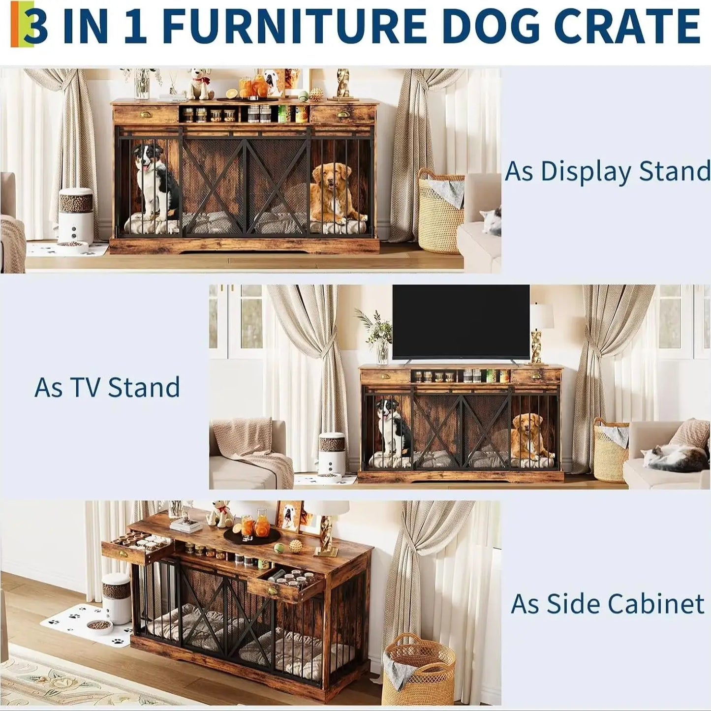 Heavy Duty Wooden Double Dog Crate Furniture Storage Drawers Indoor