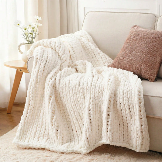 Cream Chunky Knit Throw Blanket For Couch,Handmade Cable Knit Crochet Blanket,Chenille Throw Blankets For Sofa Bed Home Decor,50